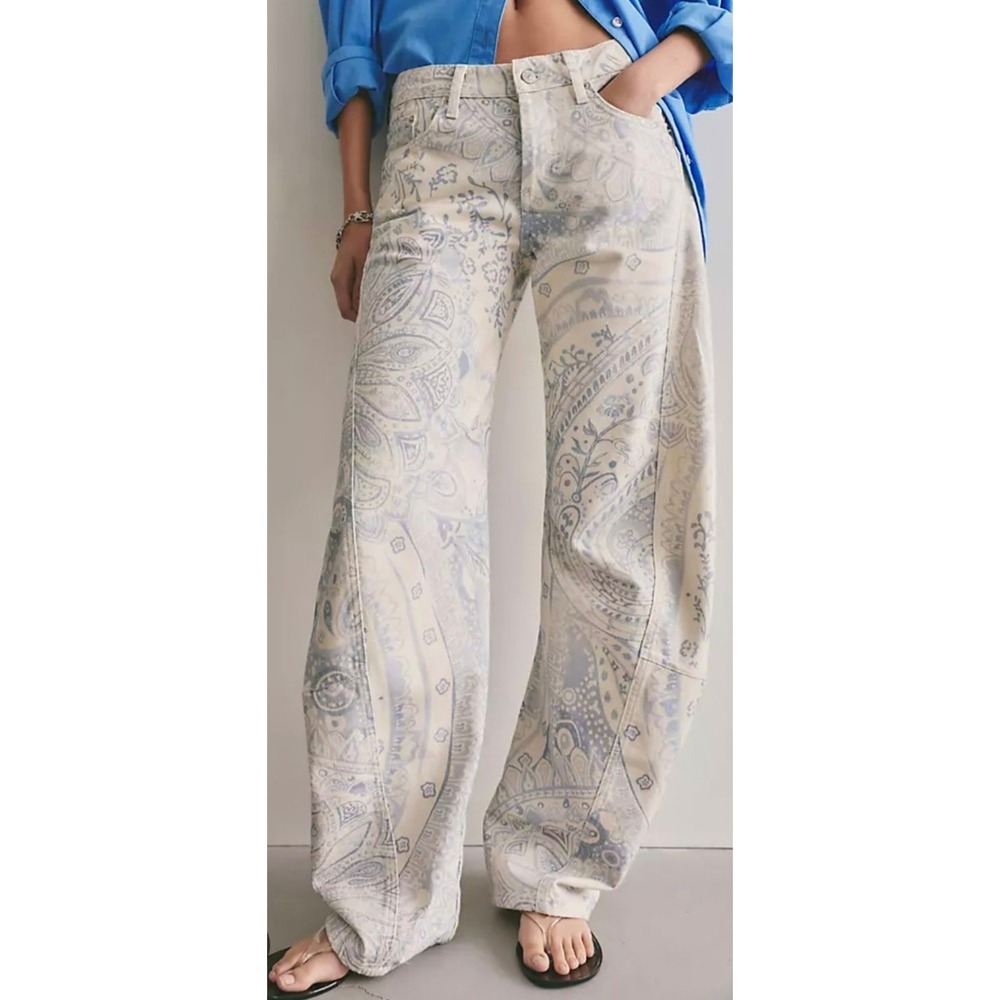 Free People Fable Printed Twisted Jeans Cream Combo Sz 25 NWT (Button Replaced)